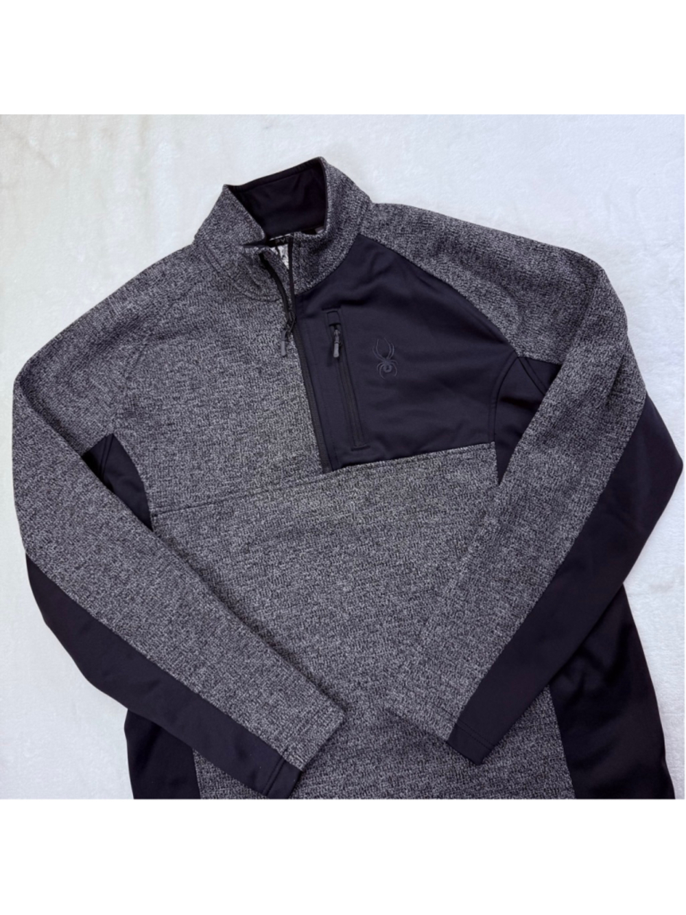 Spyder 1/4 Zip Pullover Sweater Mens XL Long Sleeve Black Gray Chest Zip Pocket